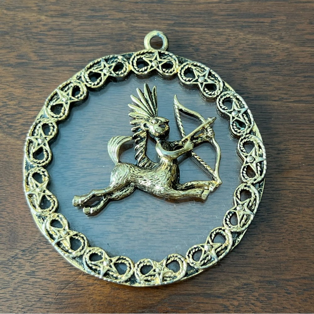 Gold Tone Round Sagittarius Centaur Archer Charm Pendant w/ Hanging Loop Vintage